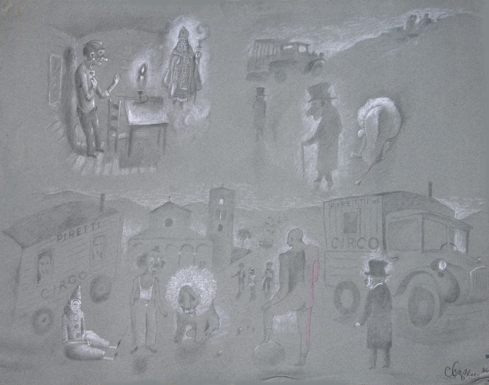 Эскиз к мультфильму «Лев с седой бородой» по сценарию Т. Гуэрра. 1986 г. Режиссер А. Хржановский. Тон. бумага, уголь, пастель, 50 х 64,5 см.