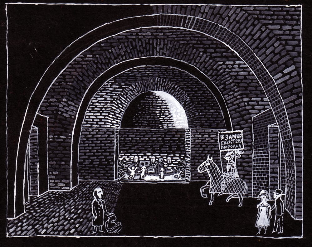 Эскиз к спектаклю «Король Лир» В. Шекспира в театре В. Маяковского, режиссер Л. Хейфец. 2003 г. Черная бумага, белила. Неосуществлено.