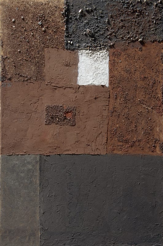 ГАЛИЛЕЯ, САМАРИЯ, ИУДЕЯ. 1989г. Дерево, земля Израиля, земля ул. Шухова в Москве, измельченный известняк пещерных захоронений пророков, клей ПВА. 115х80см.