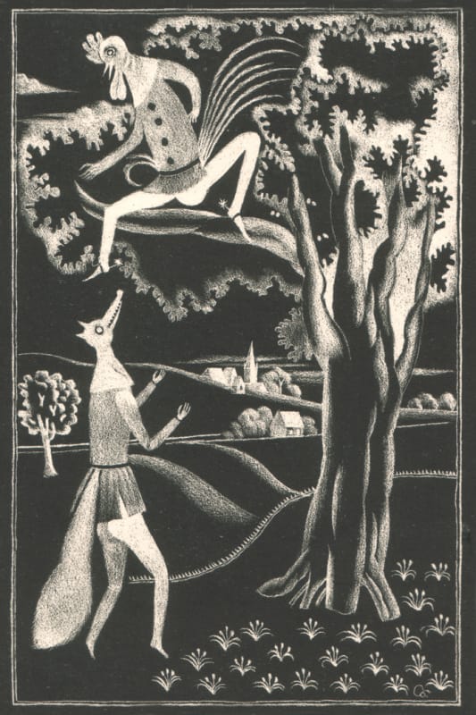 Дж. Чосер, Кентерберийские рассказы, 5. Рассказ капеллана. 1978, Бум. 25,5х18,8, оттиск 21, 4х14,5. Изображение 16,7х10,8. Автолитография, выскребание по битуму, акв.