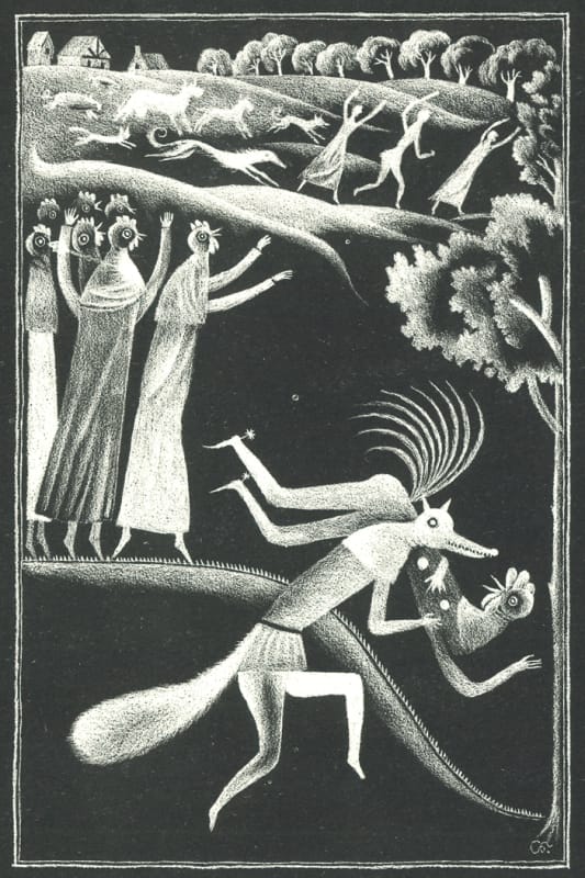 Дж. Чосер, Кентерберийские рассказы, 6. Рассказ капеллана. 1978, Бум. 25,5х18,8, оттиск 21, 4х14,5. Изображение 16,7х10,8. Автолитография, выскребание по битуму, акв.