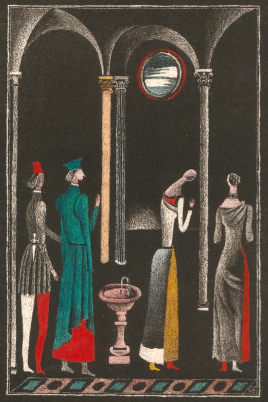 Дж. Чосер, Кентерберийские рассказы, 7. Рассказ врача. 1978, Бум. 25,5х18,8, оттиск 21, 4х14,5. Изображение 16,7х10,8. Автолитография, выскребание по битуму, акв.