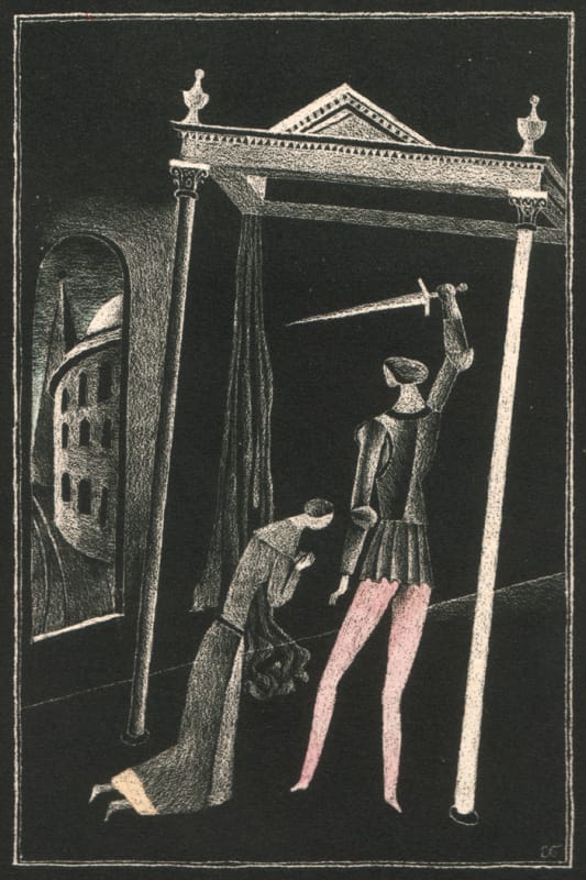 Дж. Чосер, Кентерберийские рассказы, 8. Рассказ врача. 1978, Бум. 25,5х18,8, оттиск 21, 4х14,5. Изображение 16,7х10,8. Автолитография, выскребание по битуму, акв.