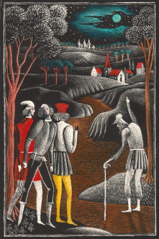 Дж. Чосер, Кентерберийские рассказы, 9. Рассказ продавца индульгенций. 1978, Бум. 25,5х18,8, оттиск 21, 4х14,5. Изображение 16,7х10,8. Автолитография, выскребание по битуму, акв.