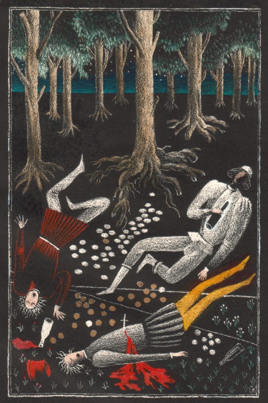 Дж. Чосер, Кентерберийские рассказы, 10. Рассказ продавца индульгенций. 1978, Бум. 25,5х18,8, оттиск 21, 4х14,5. Изображение 16,7х10,8. Автолитография, выскребание по битуму, акв.