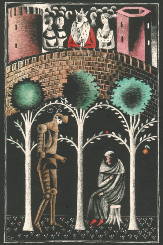 Дж. Чосер, Кентерберийские рассказы, 11. Рассказ Батской ткачихи. 1978, Бум. 25,5х18,8, оттиск 21, 4х14,5. Изображение 16,7х10,8. Автолитография, выскребание по битуму, акв.