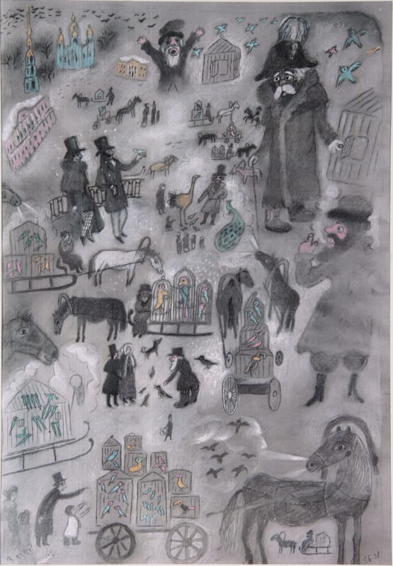 Иллюстрации к книге «Генерал и Бонапарт» и эскизы к мультфильму «Генерал, собака и птицы» по сценарию Т. Гуэрра. 2001 г.