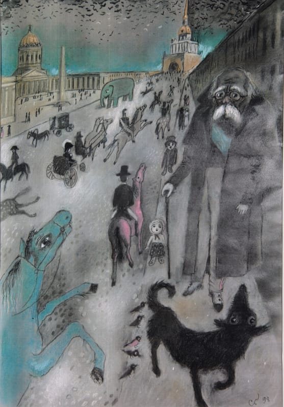 Иллюстрации к книге «Генерал и Бонапарт» и эскизы к мультфильму «Генерал, собака и птицы» по сценарию Т. Гуэрра. 2001 г.