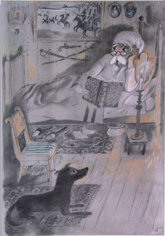 Иллюстрации к книге «Генерал и Бонапарт» и эскизы к мультфильму «Генерал, собака и птицы» по сценарию Т. Гуэрра. 2001 г.