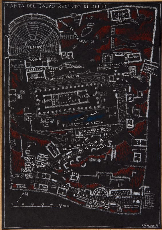 Pianta del sacro recinto di Delfi. 1993 г. Черная бумага, пастель, гуашь, сангина.