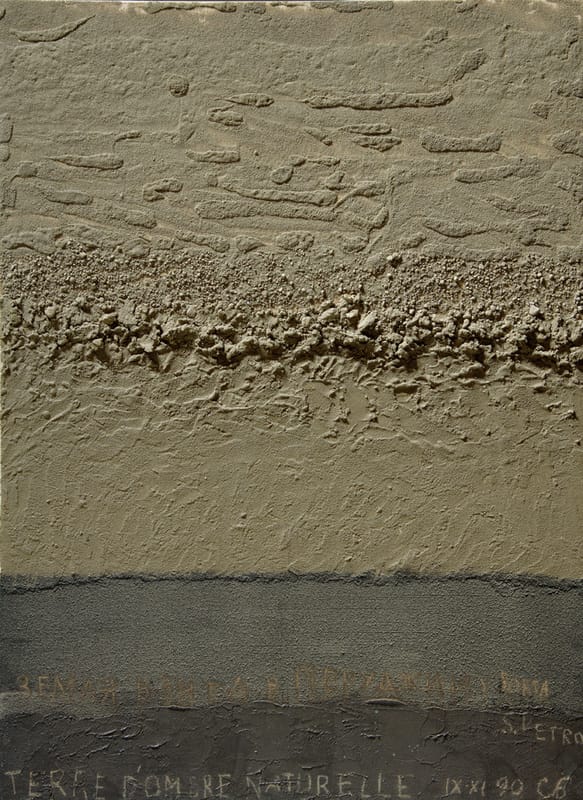 УМБРА НАТУРАЛЬНАЯ. 1990г. Дерево, земля из раскопок с поверхности земли, и на глубине 1м., 2м. и 3м. у монастыря Сан Петро в Перудже, акрил (умбра натуральная) клей ПВА. 100х70 см.