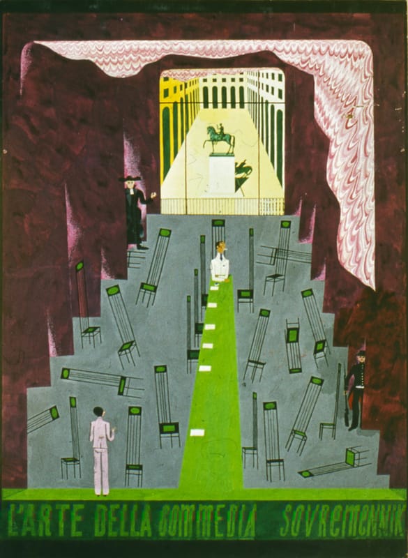 Э.де Филиппо, «Искусство комедии», 2. совместно с М.Аникстом, театр Современник, Л.Голубкова. 1968, 60х80, бумага на картоне, гуашь.