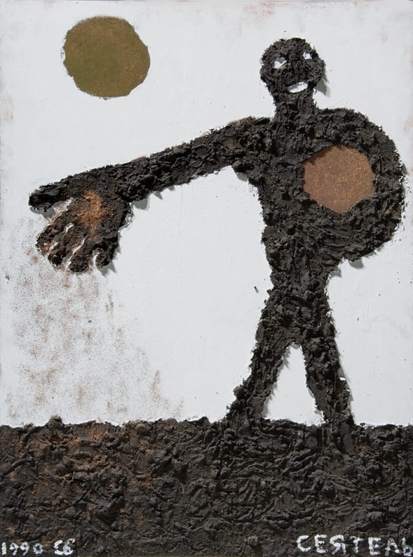 СЕЯТЕЛЬ. 1990г. Дерево, земля, клей ПВА, акрил, бронза. 100х70см.