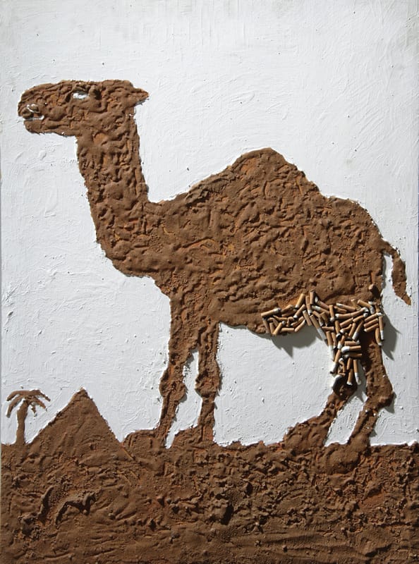 CAMEL. 1991г. Дерево, акрил, песок, окурки сигарет «CAMEL», клей ПВА. 100х70см.