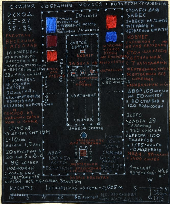 Скиния, собрания Моисея, 1993 г. Черная бумага, пастель, гуашь, сангина.