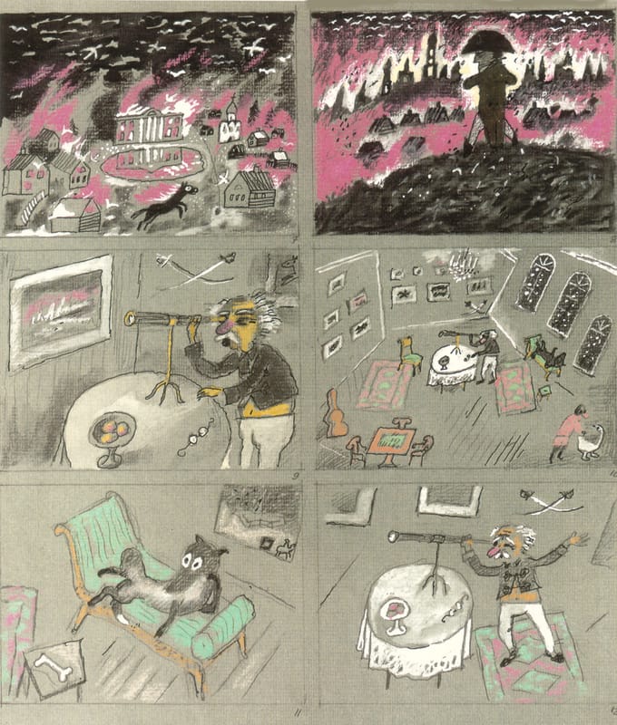 Иллюстрации к книге «Генерал и Бонапарт» и эскизы к мультфильму «Генерал, собака и птицы» по сценарию Т. Гуэрра. 2001 г.