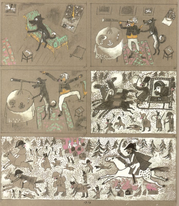 Иллюстрации к книге «Генерал и Бонапарт» и эскизы к мультфильму «Генерал, собака и птицы» по сценарию Т. Гуэрра. 2001 г.