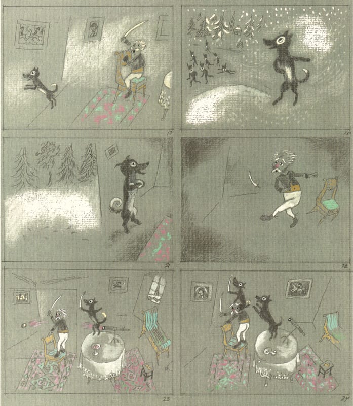 Иллюстрации к книге «Генерал и Бонапарт» и эскизы к мультфильму «Генерал, собака и птицы» по сценарию Т. Гуэрра. 2001 г.