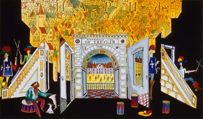 «Три мушкетера», по А.Дюма. Приемная г-на де Тревиля. 1973г., Свердловск. ТЮЗ, реж. Ю.Жигульский. Б. акв., перо, 22х34см