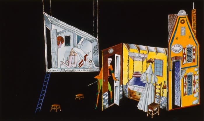 «Три мушкетера», по А.Дюма. У себя дома. 1973г., Свердловск. ТЮЗ, реж. Ю.Жигульский. Б. акв., перо, 22х34см