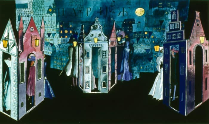 «Три мушкетера», по А.Дюма. Париж ночью. 1973г., Свердловск. ТЮЗ, реж. Ю.Жигульский. Б. акв., перо, 22х34см