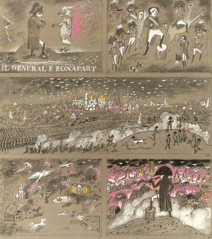 Иллюстрации к книге «Генерал и Бонапарт» и эскизы к мультфильму «Генерал, собака и птицы» по сценарию Т. Гуэрра. 2001 г.