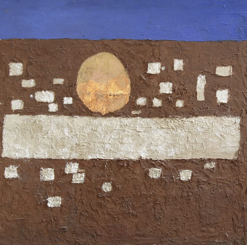 ЗЕМЛЯ ИЕРУСАЛИМА. 1988г. Дерево, масло, золотая пленка, земля Иерусалима. Известняк (могилы пророков) клей ПВА. 100х100 см.