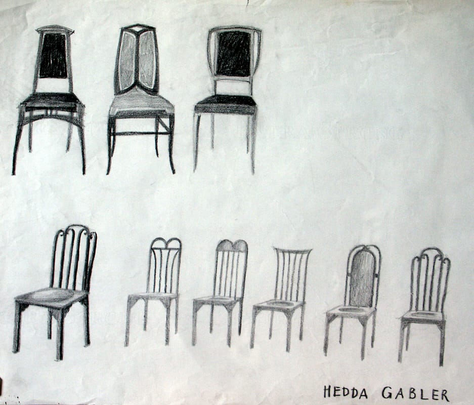 Эскизы стульев к спектаклю «Гедда Габлер» Г. Ибсен. 1983 г. Тонированая бумага, итальянский карандаш. 50х65 см.