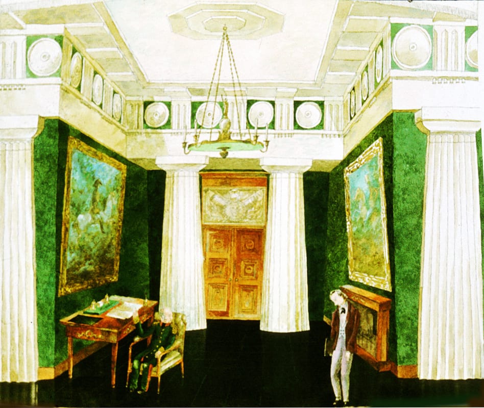 А. Осторвский «На всякого мудреца довольно простоты». Академический Малый театр Союза ССР, Москва. Режиссер Игорь Ильинский. 1983 год. Пять (всего шесть) эскизов декораций. Бумага, перо, тушь, акварель. 70Х100 см. Собственность Художественного Фонда РСФСР.